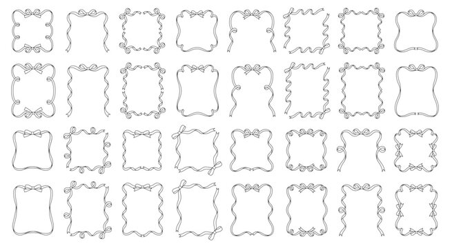 かわいいリボンのフレームのベクターイラストセット。線画、りぼん、飾り