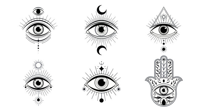Mystical Eye Symbols Collection: All-Seeing Eyes, Hamsa Hand, Crescent Moon, Sun