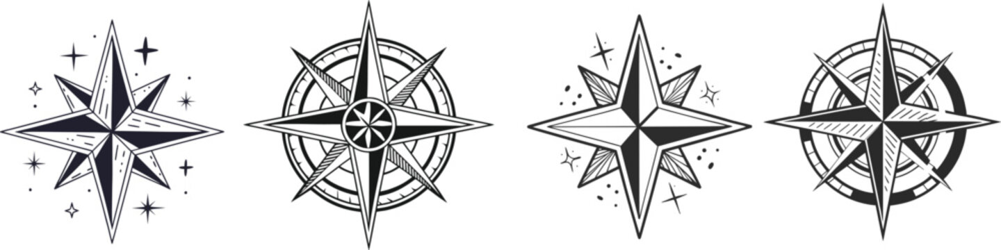 Nautical compass rose designs black and white vector illustration