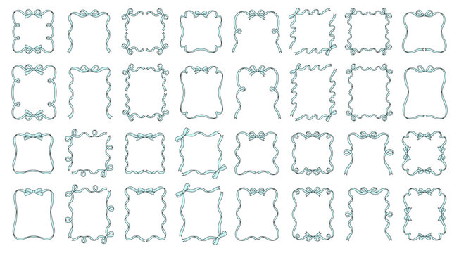 かわいいリボンのフレームのベクターイラストセット。線画、りぼん、飾り