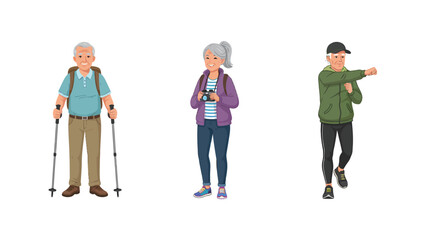 Fototapeta premium Active Lifestyle Characters: Senior Hikers, Birdwatcher, and Young Man Stretching Illustration