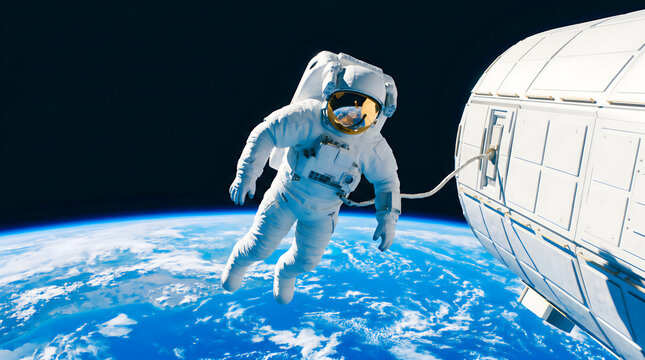 Astronaut floating on a spacewalk tethered to a spacecraft above Earth.