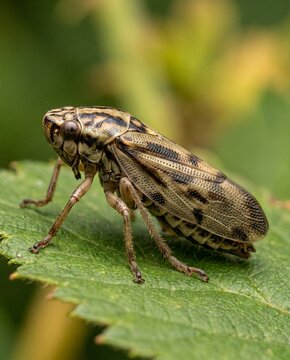 Adult meadow spittlebug Philaenus spumarius on green leaf
