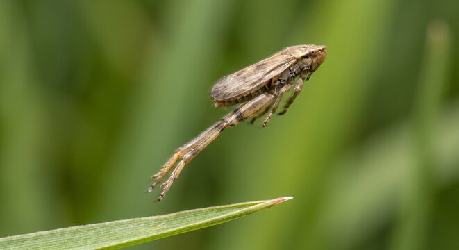 Meadow spittlebug adult jumping and launching into air from leaf