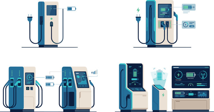 Electric Vehicle EV Charging Station Icon Set with Battery Level Indicators and Smart Power Management Systems for Sustainable Transportation and Green Energy Infrastructure Vector