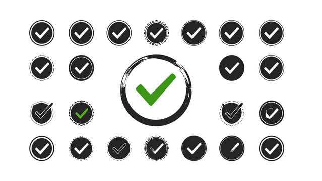 Checkmark, approval icon set. Vector glyph pictograms of validation, certification, confirmation concept, checklists, documents, awards, and security verification black silhouette illustration