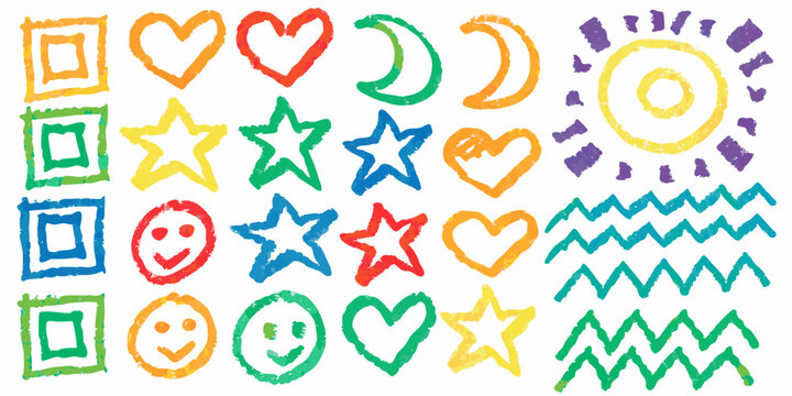 Colorful crayon drawings of hearts stars suns and geometric shapes on a white background