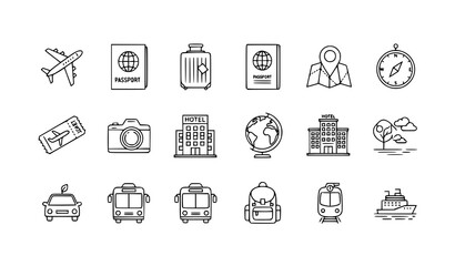 Fototapeta premium Travel thin signs vector set editable stroke tourism line illustration