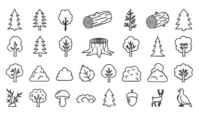 Fototapeta premium Wood forest icons vector line set trees nature editable stroke illustration