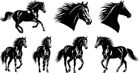 Horse Silhouette Collection with Running and Standing Poses Black Stallion Animals Elegant Wildlife Vector Illustration Set © MdMojnu
