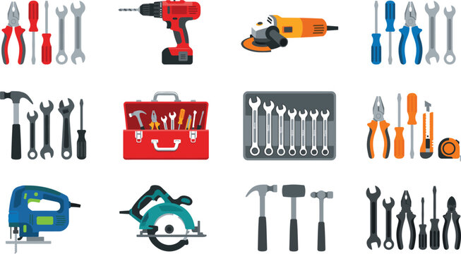Professional Construction and Repair Tool Kit Icon Set Featuring Power Drills, Hand Tools, Saws, and Toolboxes for Home Improvement, DIY Projects, and Hardware Store Marketing
