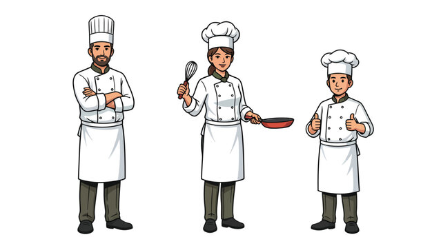 Professional Chef Characters Set: Diverse Male, Female, and Junior Cooks in White Uniforms, Vector Illustration