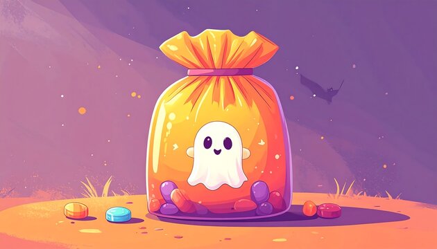 A cartoon-style illustration of a large orange candy bag with a friendly ghost on the front, set against a Halloween-themed background