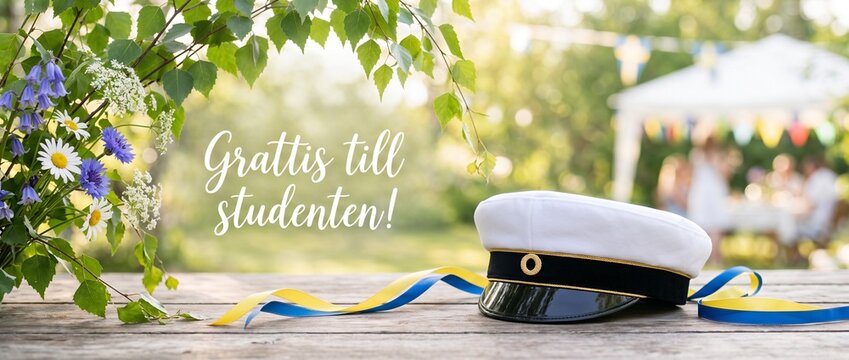 Grattis till studenten Swedish greeting, student banner with studentm&ouml;ssa, swedish student cap. Photorealistic Swedish graduation celebration scene