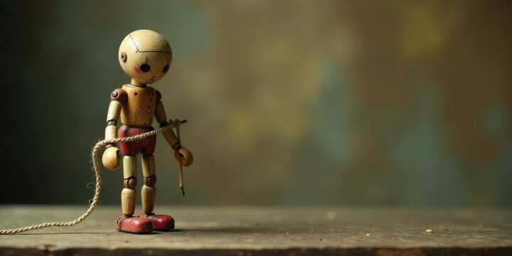 A solitary wooden articulated doll, bound by a simple rope, stands on a rustic surface against a blurred background, conveying a sense of confinement and longing.