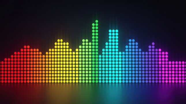 A vibrant, rainbow-colored audio equalizer made of glowing dots on a dark background, visualizing sound frequencies with a sleek reflection.