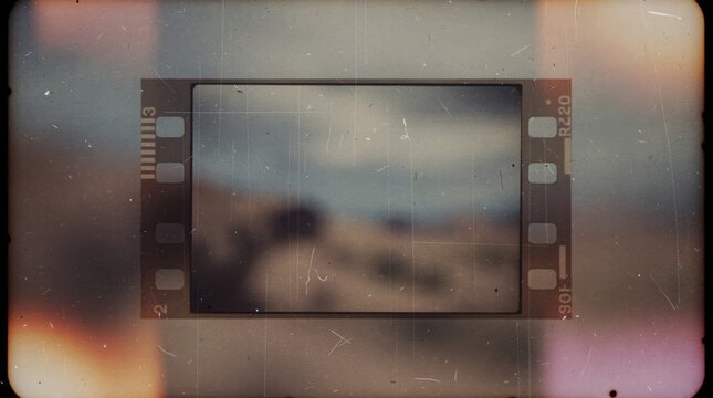 A single, aged medium format film frame with scratches and dust. The retro, analogue aesthetic evokes nostalgia, featuring light leaks and a blurred, vintage look.