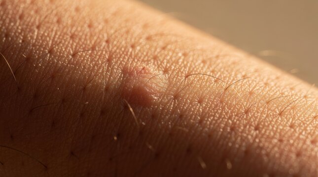 A macro shot of human skin with fine hairs and a small raised mole or blemish, highlighting the detailed texture of the epidermis in warm sunlight.