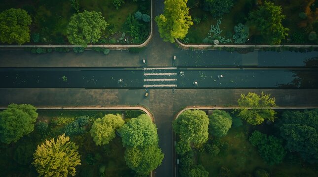 Aerial view of a crosswalk on a road surrounded by lush green trees and vegetation.