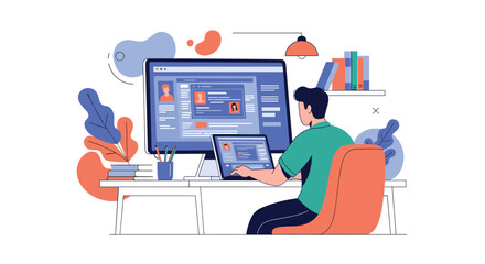 Naklejka premium Digital professional working at a desk with multiple screens analyzing social media profiles and data in a creative home office.