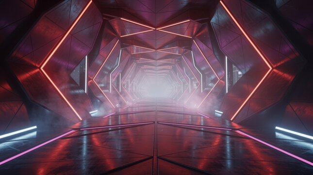 A futuristic, geometric corridor illuminated by vibrant red and pink neon lights, with smoke creating a mysterious atmosphere.