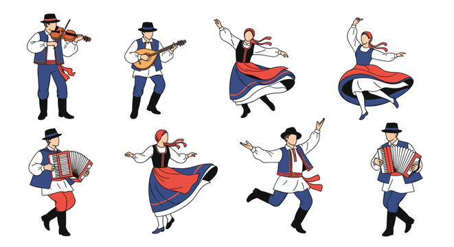 Collection of musicians and dancers in traditional ethnic folk costumes performing traditional music and dances.