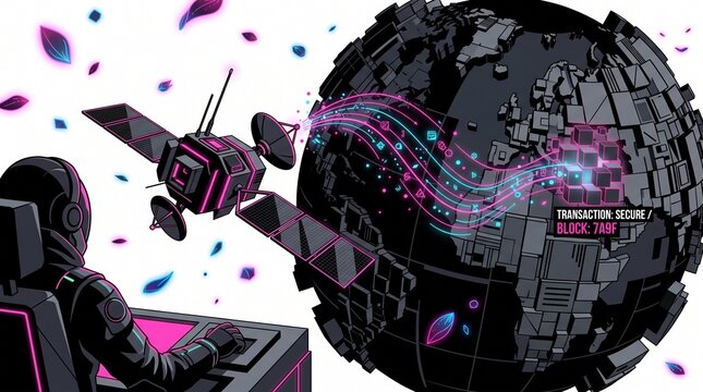 Decentralized global network illustration, blockchain technology, secure digital transactions, futuristic data transfer, cryptocurrency exchange, cyber security concept, dark mode aesthetic