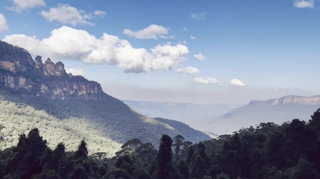 Majestic panoramic view of Blue Mountains National Park in Australia. Professional wilderness scouting for sustainable forest management. Scenic landscape of UNESCO World Heritage site