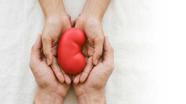 Kidney, organ donation, health, medical, hands, transplant, donation concept with male and female hands cupping a red kidney model on a white background with ample copy space.