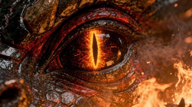 A close-up of a mythical dragon's fiery eye, glowing with intense heat. The reptilian gaze is surrounded by dark, textured scales, burning embers, and flames.