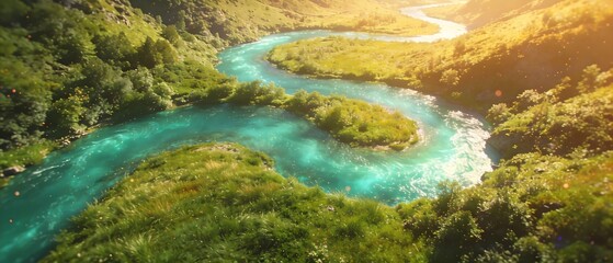 Obraz premium Aerial View of a Serene River Flowing Through a Lush Green Landscape.