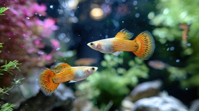 Two colorful guppy fish swimming in a planted aquarium
