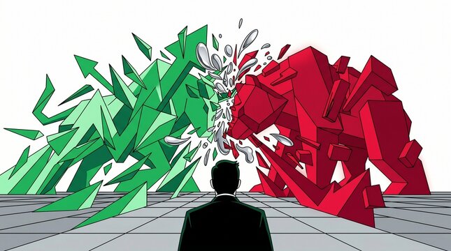 Market forces clash, a businessman observes the volatile stock market. Green and red arrows collide, symbolizing financial competition and economic struggle.