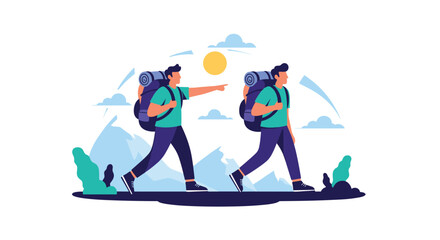Fototapeta premium Two men hiking through a mountainous landscape with large backpacks, one of them pointing towards the horizon under a sunny sky.