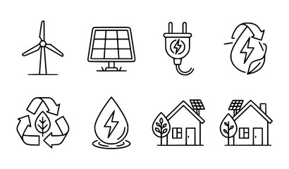 Minimalist black and white sustainable energy icons vector illustration set clean line art outline of wind turbine solar panel and electric plug © GULSHAN