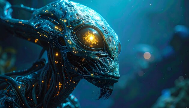 Bioluminescent alien portrait, intricate details, glowing eye