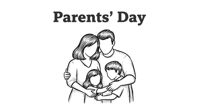 Happy parents day vector illustration featuring a loving family hugging each other in a simple sketch