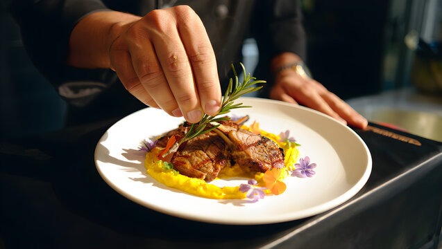 Chef garnishing lamb chop dish with herbs on plate