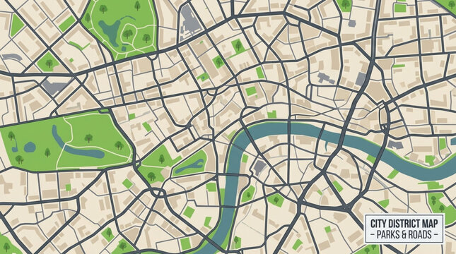 Detailed City District Map with River and Parks.