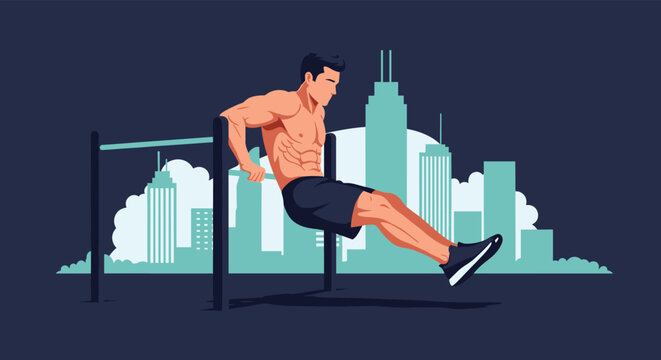 Fit shirtless man performing a challenging dip exercise on outdoor parallel bars with a modern city skyline at night or dusk.