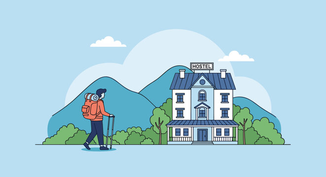 Young traveler with a large backpack walking along a path towards a cozy hostel building situated in a mountain range.