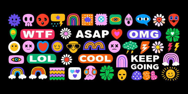 Colorful sticker set with trendy phrases and playful graphic elements on a black background