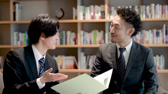 本棚のある社長室で資料を見ながら相談、ビジネスマンの打ち合わせ成長と提案　決算報告などの会計士や士業のイメージ動画