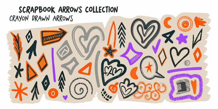 Collection of hand drawn crayon style arrows hearts and geometric shapes on a beige background