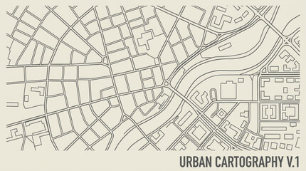 Detailed urban cartography map showing city streets and river. © Jaya