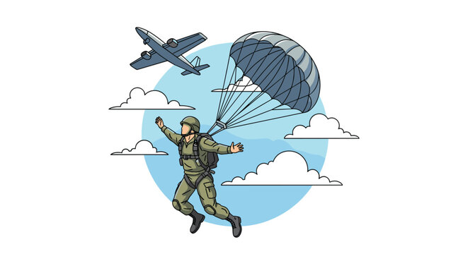 Brave paratrooper in military uniform jumping from a plane and descending with a large parachute against a blue sky.