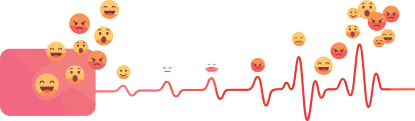 Naklejka premium Customer sentiment tracking vector illustration featuring social media emoji reactions, emotional analytics waveform, and digital feedback monitoring concept