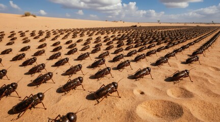 Obraz premium Massive locust swarm invades desert landscape. Insects march in formation across sand dunes under a blue sky with clouds. This biblical plague represents destruction and famine.
