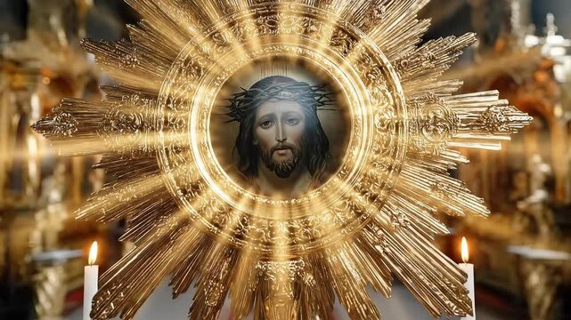 Sacred heart of Jesus Christ displayed in a golden reliquary, illuminated by flickering candles within a sacred sanctuary, symbolizing devotion and spiritual contemplation.