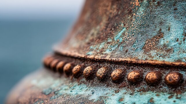 Macro shot of a weathered oxidized copper bell with metal rivets.